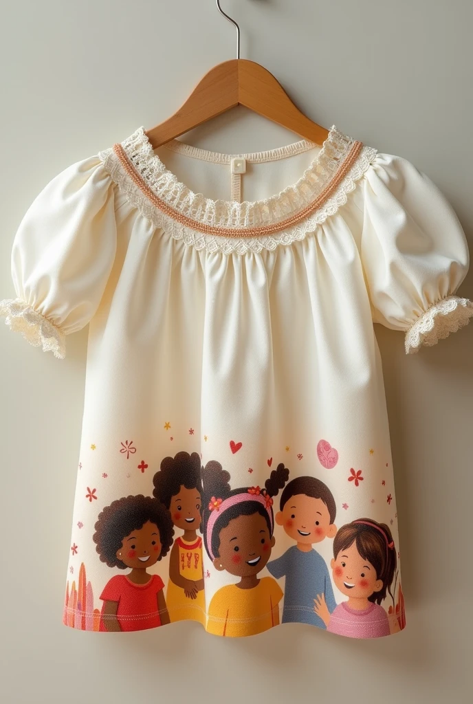 Pattern for a cultured children's blouse with children of different colors The children at the bottom and the frese at the top in the blouse model.
With this sentence :Let the children come to me and do not hinder them., for of such is the kingdom of God.. Lucas 18:16