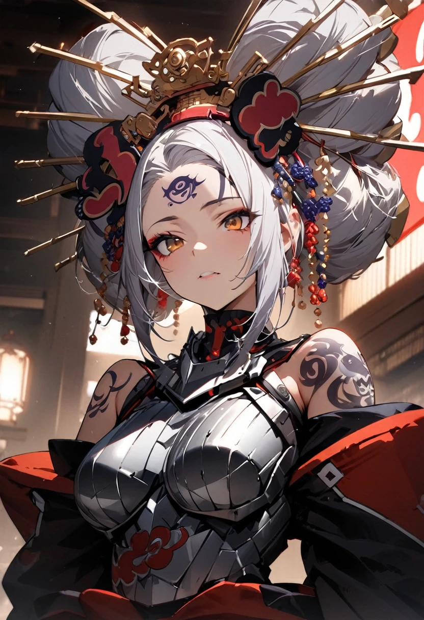 Ink painting, (((1 girl))), (((Tattoo in the middle of the forehead))),(((In the background is the Akatsuki moon))), (((Oiran))), (((Great hair accessories))), Demon possession, ((Masterpiece:1.2)), ((Highest quality)), (((Upper body covered))), close up, 1 woman ,the human, Silver hair, Upper body cyber armor, helmet , Neon Ritual Science Fiction Peter Elson Jean Giraud Dramatic Lighting (Masterpiece, Best quality), 
