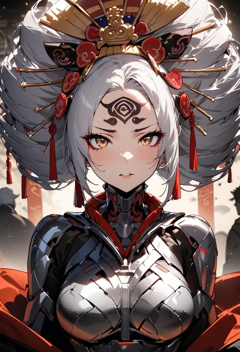 Ink painting, (((1 girl))), (((Tattoo in the middle of the forehead))),(((In the background is the Akatsuki moon))), (((Oiran))), (((Great hair accessories))), Demon possession, ((Masterpiece:1.2)), ((Highest quality)), (((Upper body covered))), close up, 1 woman ,the human, Silver hair, Upper body cyber armor, helmet , Neon Ritual Science Fiction Peter Elson Jean Giraud Dramatic Lighting (Masterpiece, Best quality),