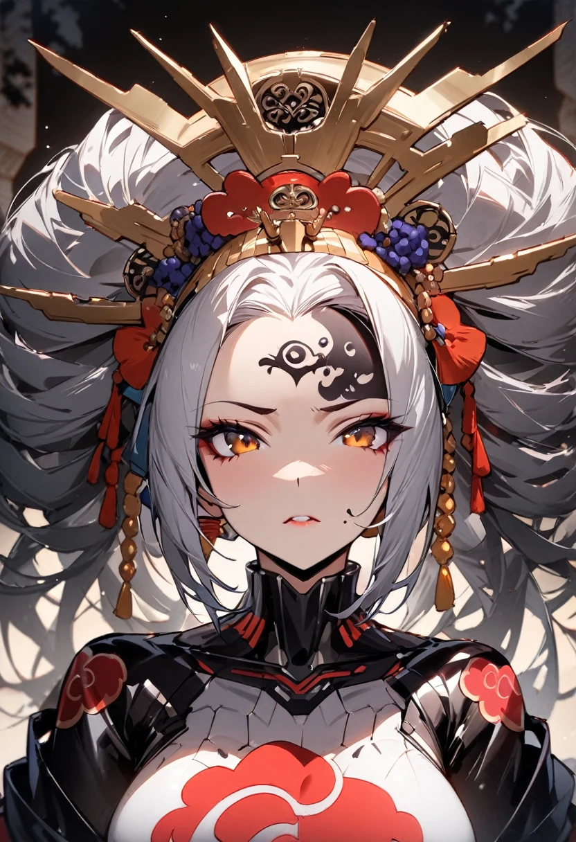 Ink painting, (((1 girl))), (((Tattoo in the middle of the forehead))),(((In the background is the Akatsuki moon))), (((Oiran))), (((Great hair accessories))), Demon possession, ((Masterpiece:1.2)), ((Highest quality)), (((Upper body covered))), close up, 1 woman ,the human, Silver hair, Upper body cyber armor, helmet , Neon Ritual Science Fiction Peter Elson Jean Giraud Dramatic Lighting (Masterpiece, Best quality),