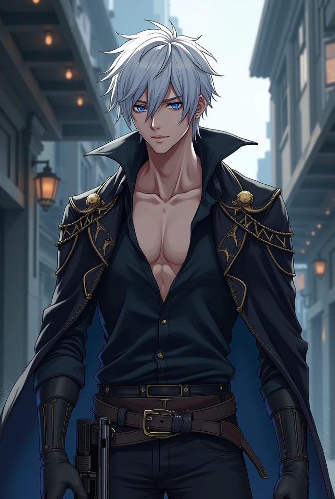 short white hair anime handsome boy with emotionless dark blue sharp eyes, white hair toned, with katana wearing open wide collar black shirt with a pirate cape in the shoulders with black steel old century gun on belt