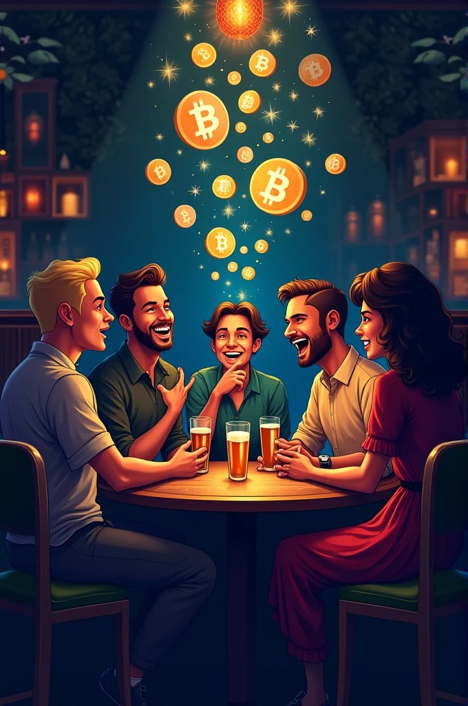 Drawing of 5 people (men - brown and white and women, black, blonde ) talking while sitting in a bar and Crypto token symbols coming out of their mouths.
This drawing is to create a logo.