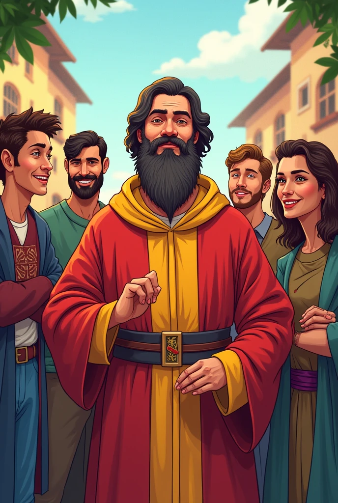 Create for me an image of St. Augustine of Hippo with young people, men and women around, with 2D cartoon style