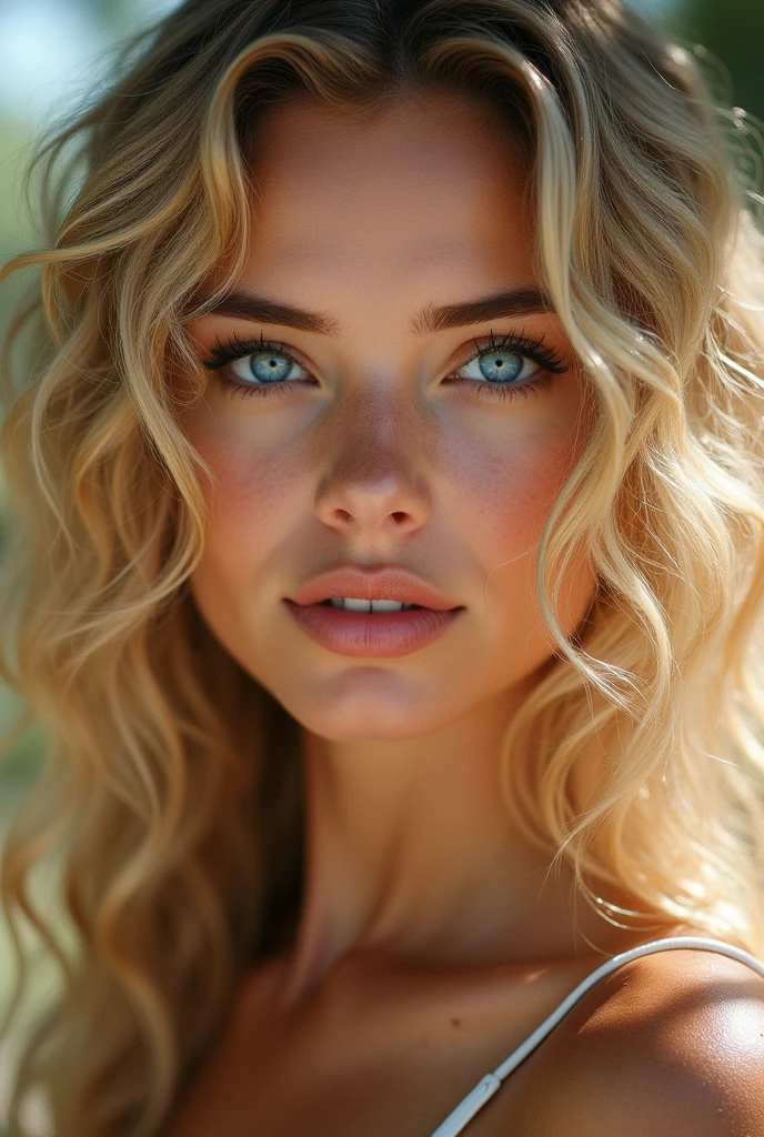 Portrait of a beautiful woman, blue eyes, curly blond hair ,full lip ,visage blanc , regard droit vers la caméra, natural light in the background 