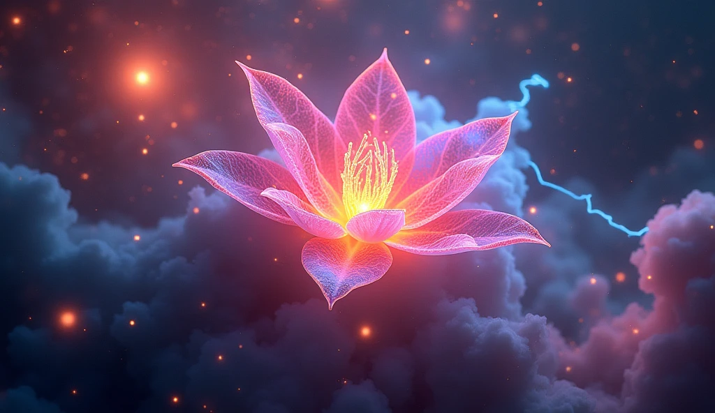 a plasma energy glowing mist nebulae forming a cosmic lily energy nebula neon-glowing on deep space cosmos colorful vibrant colours, powerful lightning bolts, strong light rays, lightning meteors raining, 8k, HD, highly detailed, intricate, ultra realistic, masterpiece, amazing, perfect