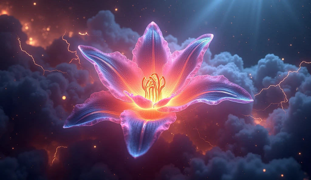 a plasma energy glowing mist nebulae forming a cosmic lily energy nebula neon-glowing on deep space cosmos colorful vibrant colours, powerful lightning bolts, strong light rays, lightning meteors raining, 8k, HD, highly detailed, intricate, ultra realistic, masterpiece, amazing, perfect