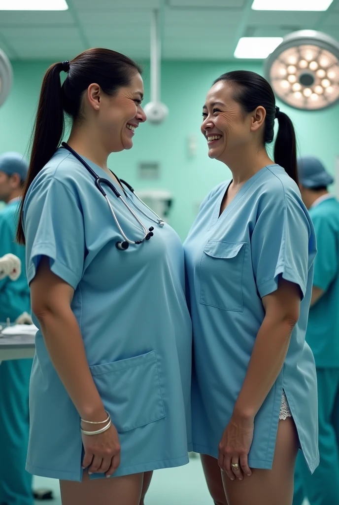 masterpiece, High level of image quality, Depth of Field, two beautiful adults, A fat one，The other one is slim, 50 years old, masterpiece, best quality, 16K, hospital, operating room, old woman, indoor photos, happy, Smiling, Permanent, Look back, ((looking at the audience)), look away, long hair, ponytail, black hair, Open your eyes, (Large Breasts:1.41), (Wrinkles at the corners of the eyes:1.32), (Nasolabial fold:1.32), (Old leather:1.32), Freckled skin, Wrinkled skin, pale skin, (Old muscle:1.2), full, {(Nurse), ((Chest pocket)), ((Lace lingerie)),((thigh)), Clothes slit on one side, The slit in the skirt extends to the waist, 露出thigh上部和陰部區域的建議, (light blue tiara), (Special Occasion T-shirt), (light blue sandals), ((stethoscope))},