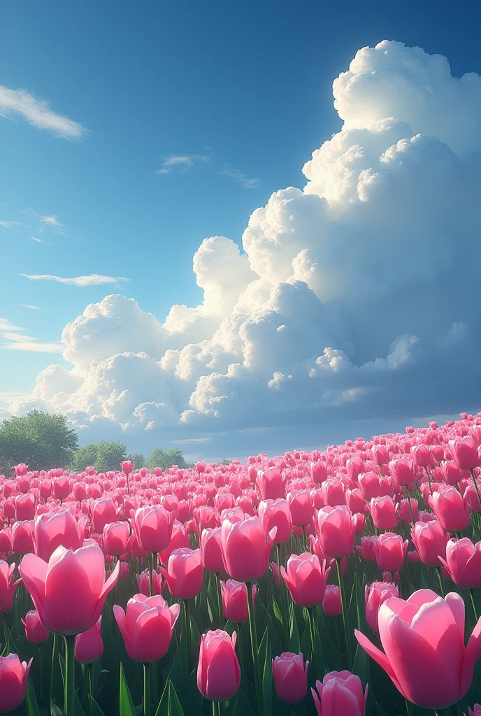 Many Pink tulip flowers, dark blue sky, big big white clouds , make it look like garden and look from up