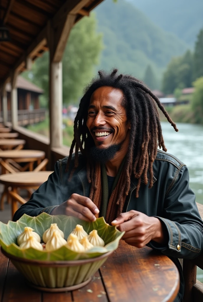 Will please create a photo of bob Marley sitting in beautiful riverside village cafe and eating tapari momo 