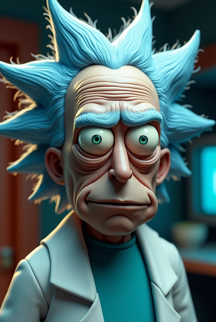 a detailed portrait of Rick Sanchez from Rick and Morty, hyperrealistic, photorealistic, highly detailed, 8k, masterpiece, intricate details, lifelike features, expressive eyes, realistic skin texture, detailed wrinkles, messy gray hair, blue lab coat, white shirt, vibrant colors, dramatic lighting, cinematic composition, detailed background, futuristic setting