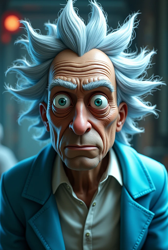 a detailed portrait of Rick Sanchez from Rick and Morty, hyperrealistic, photorealistic, highly detailed, 8k, masterpiece, intricate details, lifelike features, expressive eyes, realistic skin texture, detailed wrinkles, messy gray hair, blue lab coat, white shirt, vibrant colors, dramatic lighting, cinematic composition, detailed background, futuristic setting