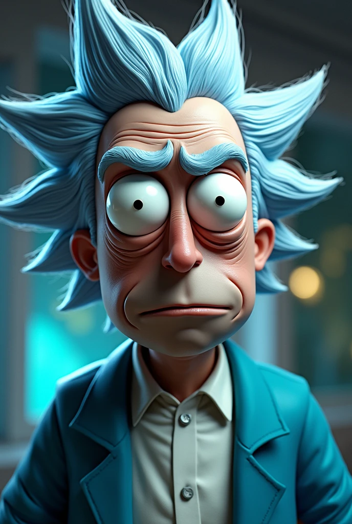 a detailed portrait of Rick Sanchez from Rick and Morty, hyperrealistic, photorealistic, highly detailed, 8k, masterpiece, intricate details, lifelike features, expressive eyes, realistic skin texture, detailed wrinkles, messy gray hair, blue lab coat, white shirt, vibrant colors, dramatic lighting, cinematic composition, detailed background, futuristic setting