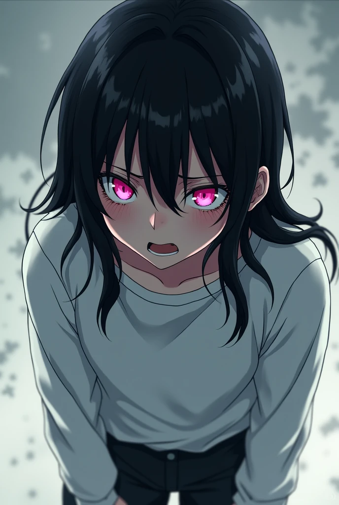 (Artwork), ((8K)), (Anime soul eater drawing style), (1 boy), , long black hair, drooping eyes, pink iris color, wearing white long sleeve shirt, black pants, scared look.