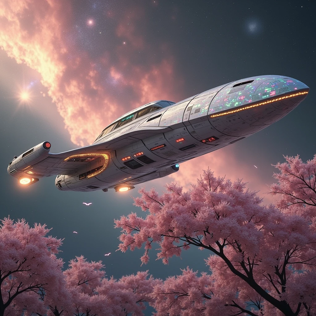 A sleek and advanced starship of the Sakurianas set in 3000 d.C. The starship, known as the Sakura Nebula, embodies the elegance and technological prowess of the Sakurianas. Its exterior features a shimmering, iridescent hull that resembles the delicate petals of Sakura flowers, shifting colors as it moves through space. The ship is designed with a streamlined, aerodynamic shape, incorporating bioluminescent patterns that glow softly, reminiscent of the Sakura blossoms that define the Sakurianas' homeland.The interior of the Sakura Nebula is a fusion of high-tech sophistication and natural aesthetics. The walls are adorned with holographic projections of Sakura trees and flowing petals, creating a serene and immersive environment. The control center features a panoramic viewport with advanced, adaptive transparency that allows the crew to observe the cosmos in stunning detail.The ship is equipped with cutting-edge propulsion systems that utilize energy-efficient drive technology, allowing for swift travel across interstellar distances. Its defensive capabilities include energy shields that project a protective barrier resembling a radiant Sakura blossom, capable of deflecting cosmic threats and energy attacks.The Sakura Nebula also boasts advanced research facilities and botanical gardens, where Sakurianas cultivate and study extraterrestrial flora and fauna, integrating their knowledge with their advanced technology. The starship’s onboard AI system, designed with a serene and intuitive interface, assists the crew in navigation, communication, and maintaining the ship's harmony with its surroundings.In the vastness of space, the Sakura Nebula serves as both a sanctuary and a symbol of the Sakurianas' graceful and technologically advanced civilization, exploring new worlds while embodying the beauty and serenity of their homeland.