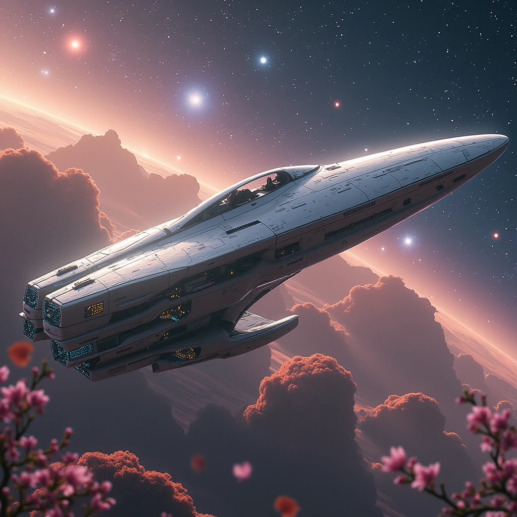 A sleek and advanced starship of the Sakurianas set in 3000 d.C. The starship, known as the Sakura Nebula, embodies the elegance and technological prowess of the Sakurianas. Its exterior features a shimmering, iridescent hull that resembles the delicate petals of Sakura flowers, shifting colors as it moves through space. The ship is designed with a streamlined, aerodynamic shape, incorporating bioluminescent patterns that glow softly, reminiscent of the Sakura blossoms that define the Sakurianas' homeland.The interior of the Sakura Nebula is a fusion of high-tech sophistication and natural aesthetics. The walls are adorned with holographic projections of Sakura trees and flowing petals, creating a serene and immersive environment. The control center features a panoramic viewport with advanced, adaptive transparency that allows the crew to observe the cosmos in stunning detail.The ship is equipped with cutting-edge propulsion systems that utilize energy-efficient drive technology, allowing for swift travel across interstellar distances. Its defensive capabilities include energy shields that project a protective barrier resembling a radiant Sakura blossom, capable of deflecting cosmic threats and energy attacks.The Sakura Nebula also boasts advanced research facilities and botanical gardens, where Sakurianas cultivate and study extraterrestrial flora and fauna, integrating their knowledge with their advanced technology. The starship’s onboard AI system, designed with a serene and intuitive interface, assists the crew in navigation, communication, and maintaining the ship's harmony with its surroundings.In the vastness of space, the Sakura Nebula serves as both a sanctuary and a symbol of the Sakurianas' graceful and technologically advanced civilization, exploring new worlds while embodying the beauty and serenity of their homeland.