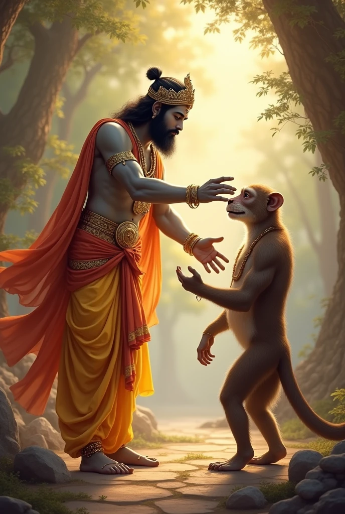 Ram, in his royal attire with a serene and compassionate expression, is extending his arms to embrace Hanuman. Lakshman stands beside Ram, looking both surprised and relieved.