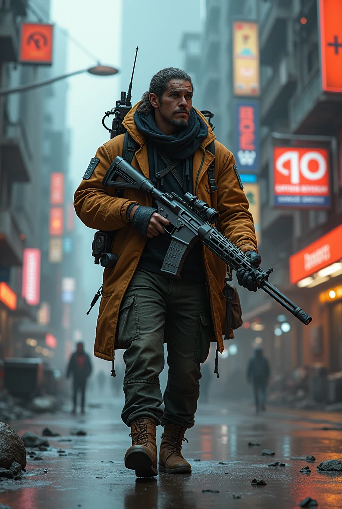 Adventurous traveling merchant with a cyberpunk-style bolt-action rifle
