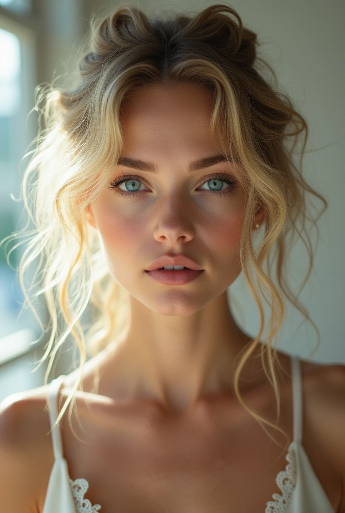 Portrait of a beautiful woman, blue eyes, curly blonde hair ,plump lip ,visage blanc , regard droit vers la caméra, natural light in the background