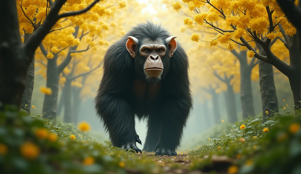 Front view，There is a wild beast in the osmanthus forest，Looks like an ape but has white ears，Standing and walking（best quality，4K，8k，High level，masterpiece：1.2），Ultra Detailed，（lifelike，Photo real，Photo real：1.37）