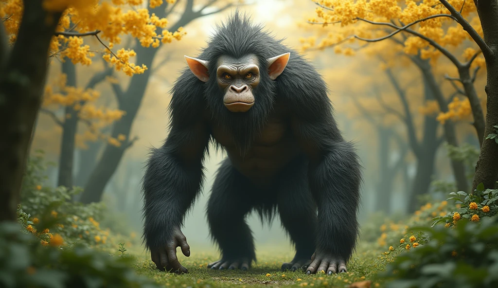 Front view,There is a wild beast in the osmanthus forest,Looks like an ape but has white ears,Standing and walking(best quality,4K,8k,High level,masterpiece:1.2),Ultra Detailed,(lifelike,Photo real,Photo real:1.37)