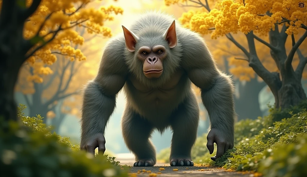 Front view,There is a wild beast in the osmanthus forest,Looks like an ape but has white ears,Standing and walking(best quality,4K,8k,High level,masterpiece:1.2),Ultra Detailed,(lifelike,Photo real,Photo real:1.37)