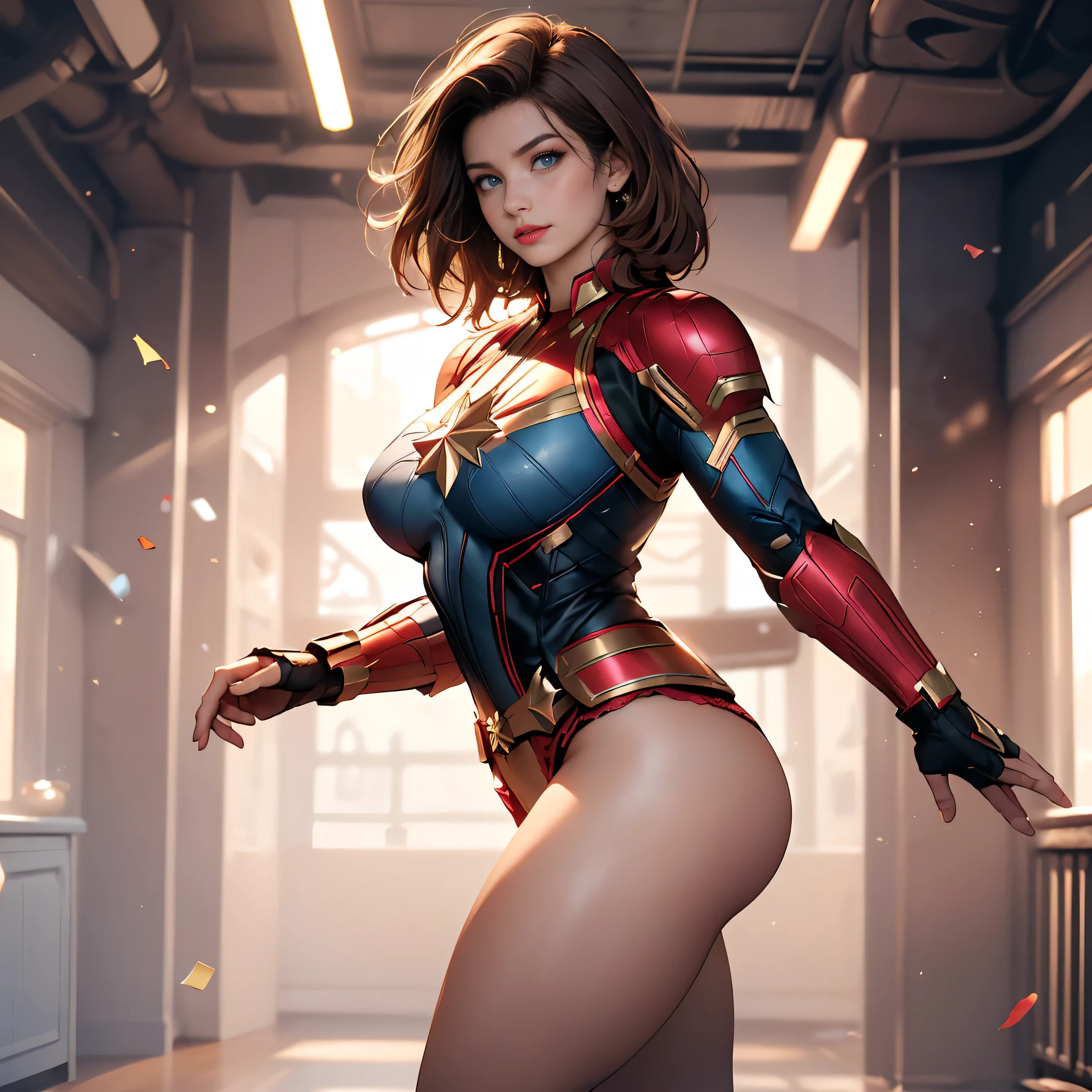 Pretty Caucasian (female), Sarah Shahi, a slim but muscular body, , dark brown messy hair, blue eyes, ((bright red lipstick)), ((seductive smile)) ((big bright blue eyes looking towards the viewer)) ((short messy dark brown hair)) ((:1.6)) ((slender body:1.3)) (wearing captain marvel costume, [[[ultra micro miniskirt, very very very micro miniskirt exposing full lengthy thick thighs]]], )) ((in battle ground)) ((high definition:1.5), ((pale lights)) ((masterpiece:1.5))((8k:1.5)) ((Best quality:1.4)), detailed eyes, detailed hands, detailed fingers, (((detailed beautiful thighs))), large explosive cleavage, , standing , (( full body shot)) (((view from side bottom, panties visible))),
