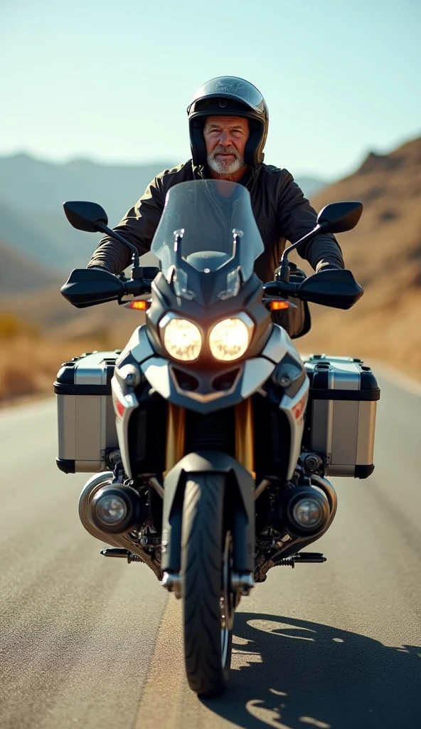 motorbike traveller, between 50 and 60 years old, content with life, big ADV motorcycle, BMW R1250GS, hitched trunks, motorbike outfit, motorbike open helmet