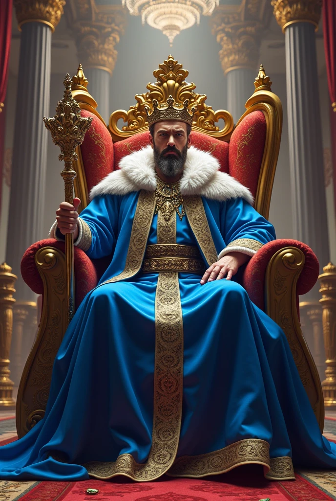 King on a throne with blue clothes and a scepter, ralista In a large hall 