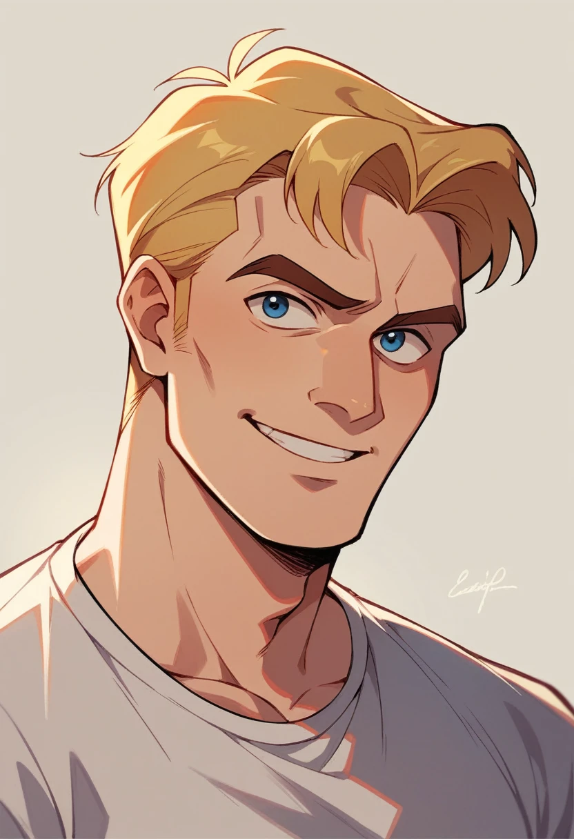 A male YouTuber with blue eyes and blonde hair, with an M on the shirt facing a golden yacht smiling classic Disney 2D style