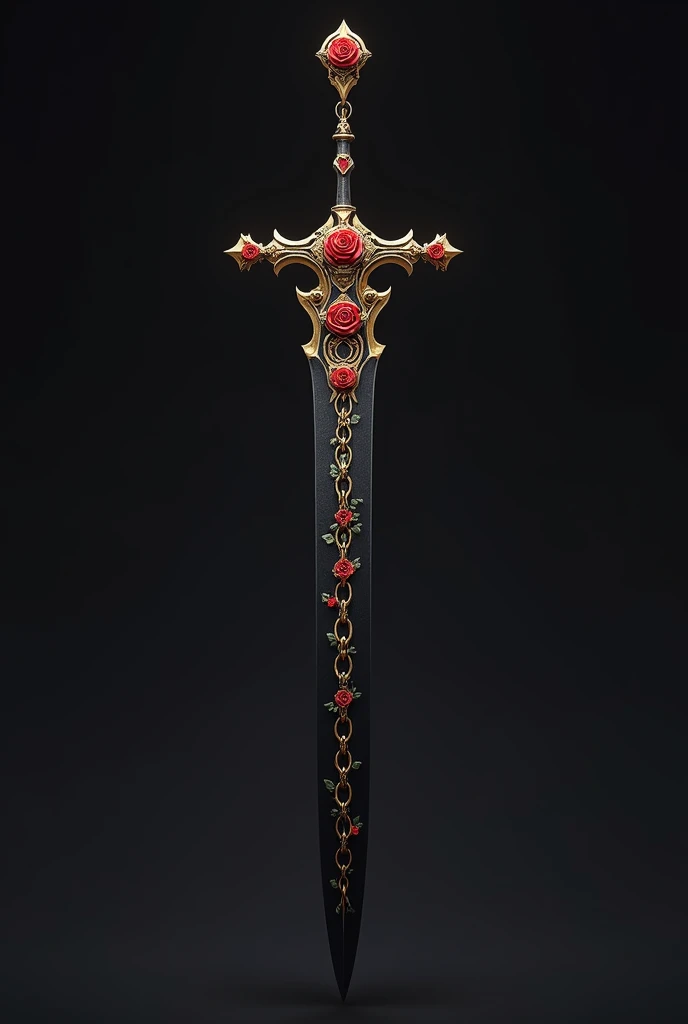A black divine sword, gold and red with 4 chained roses engraved on it