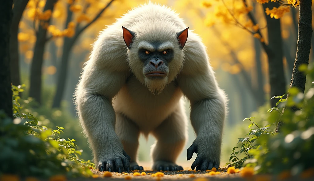 Front view,There is a wild beast in the osmanthus forest,Looks like an ape but has white ears,Standing and walking(best quality,4K,8k,High level,masterpiece:1.2),Ultra Detailed,(lifelike,Photo real,Photo real:1.37)