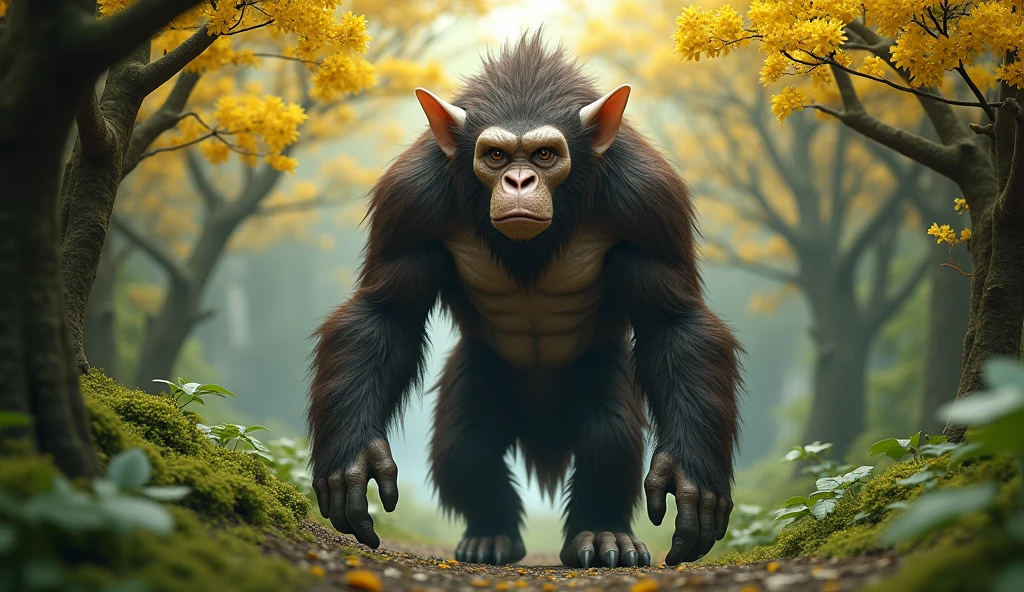 Front view,There is a wild beast in the osmanthus forest,Looks like an ape but has white ears,Standing and walking(best quality,4K,8k,High level,masterpiece:1.2),Ultra Detailed,(lifelike,Photo real,Photo real:1.37)