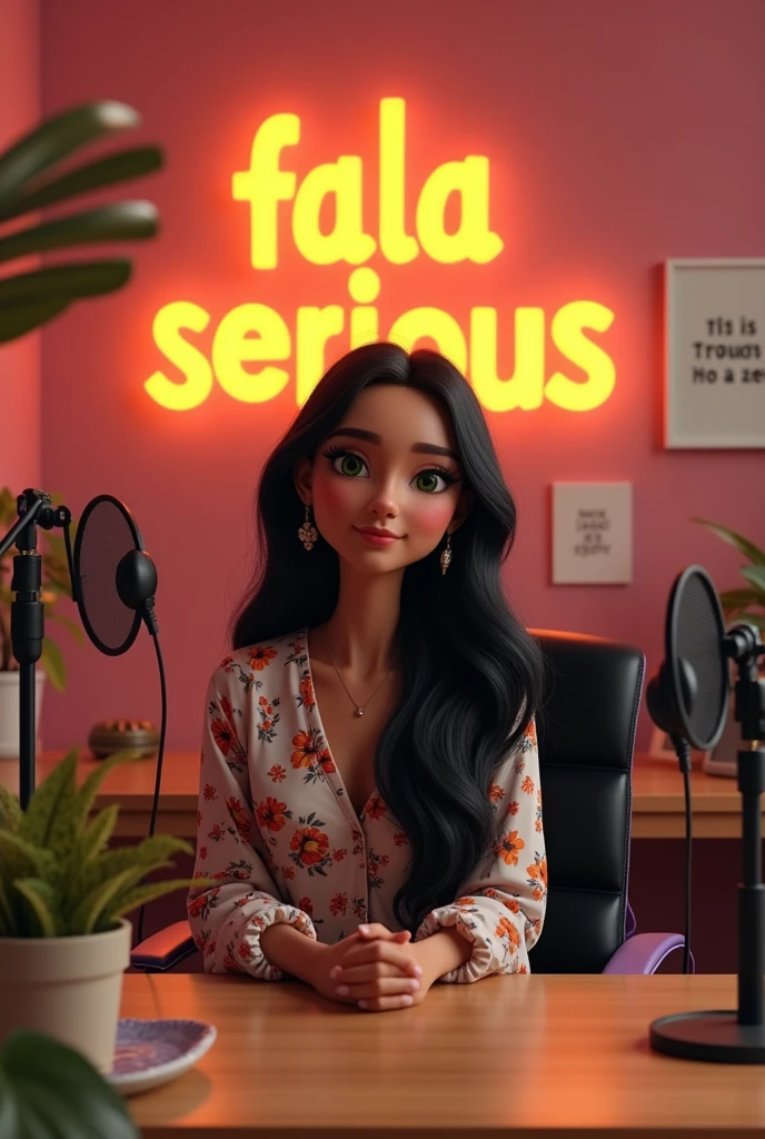 The background could have the name of the podcast "fala serious" in Portuguese in fun typography. Comfortable, modern furniture like a light wood table and black chair with lilac details add personality. Warm lighting with subtle LED lights creates a welcoming atmosphere. Plants, pictures with funny phrases, and high-quality microphones complement the look, reflecting the light and humorous tone of the program. Long black hair, dark skin, green eyes, colorful and modern style, with printed blouses and delicate accessories.