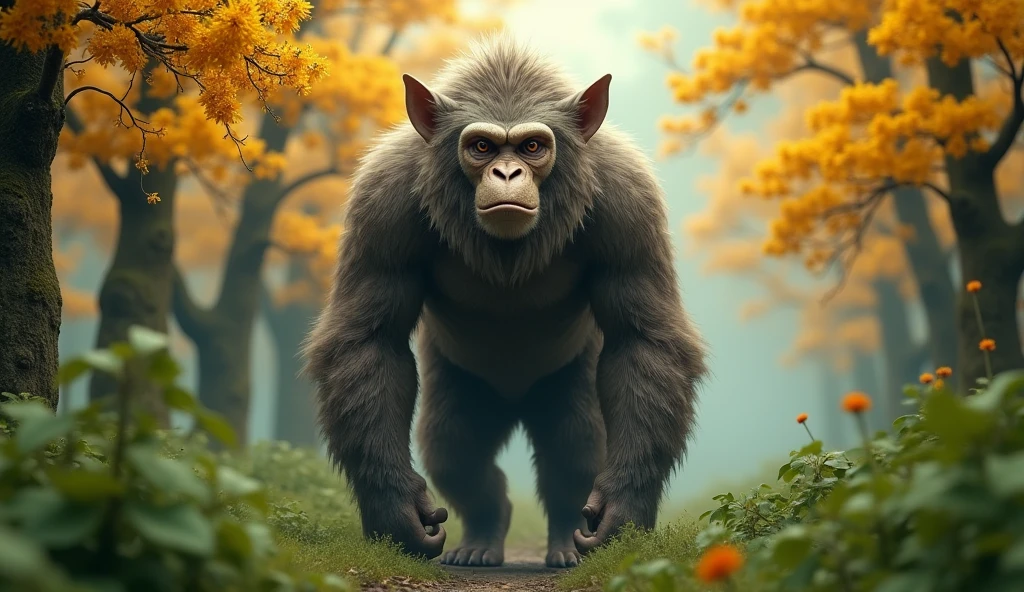 Front view，There is a wild beast in the osmanthus forest，Looks like an ape but has white ears，Standing and walking（best quality，4K，8k，High level，masterpiece：1.2），Ultra Detailed，（lifelike，Photo real，Photo real：1.37）