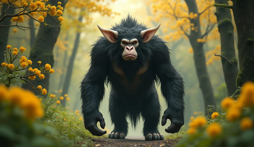 Front view,There is a wild beast in the osmanthus forest,Looks like an ape but has white ears,Standing and walking(best quality,4K,8k,High level,masterpiece:1.2),Ultra Detailed,(lifelike,Photo real,Photo real:1.37)