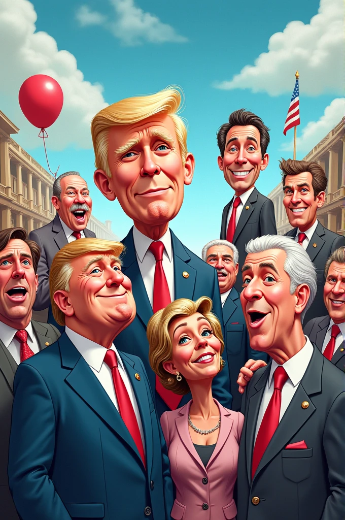 A light-hearted cartoon featuring caricatures of prominent candidates or symbols of the 2024 election, with a humorous caption.