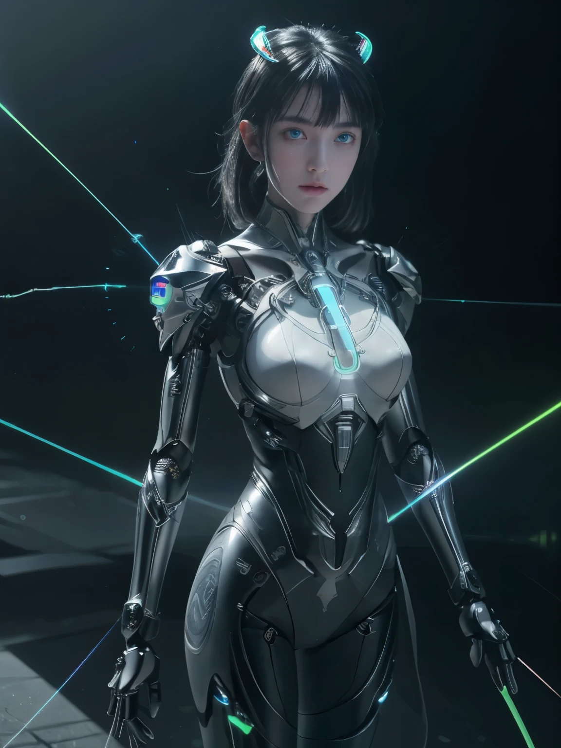 (from the front:1.5), (1 mechanical girl:1.5),Whole body, Alone, Thin waist, thick thighs, (machine made gaskets:1.2),(mechanical limbs:1.1),(Blood vessels connected to tubes.),(mechanical vertebra attached to the back),(mechanical cervical fixation to the neck), lights on the armor, mecha helmet, (Luminous Arms:1.5), (laser eyes:1.5), expressionless, huge chest,
showy,HdR, ray tracing, NVIDIA RTX, Super resolution, Unreal 5, subsurface dispersion, textured PBR, post processing, Anisotropic filtering, depth of field, maximum clarity and sharpness, rule of thirds, 16k raw, (Luminescent particles:1.4), Extremely detailed CG, unity wallpaper 8k, 3D, cinematic lighting, Lens flare, reflections, sharp focus, cyberpunk art, realist, highly detailed CG illustration, an extremely delicate and beautiful, cinematic light, (photorealist:1.5), (dark background:1.5),dynamic angle, masterpiece, Best Quality, ultra detailed, illustration, Detailed light, dramatic_shadow,face shadow,extra detailed,Better presentation,
