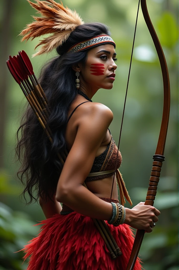 AN INDIGENOUS WOMAN WITH A FRINGE ON HER FOREHEAD WITH A  HER HEAD WITH FEATHERS WITH A RED STRIPE PAINTED ON HER CHEEKS RED FEATHERS AS A SKIRT BIG HAIR IN THE FOREST HOLDING A BOW AND ARROW 