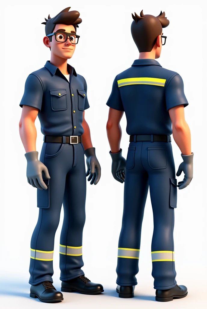 Man from front and back wearing dark blue work clothes with a single horizontal yellow reflective stripe on the front and back of the shirt and a yellow reflective stripe on the pants, that you have safety elements such as glasses, grey gloves and black shoes.
that the drawing is animated