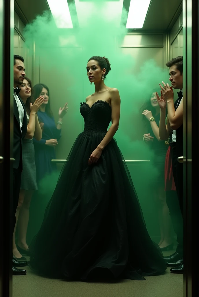 a beautiful woman , big-ass,black gown ,farting in the elevator, people smelling, green gas, green fart, stinky, embarrassment, gases, stomach ache