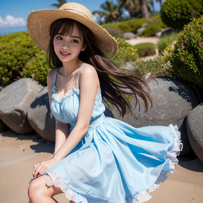 laughing out loud，(knee shot), 1 girl, On the face, light brown hair, blunt bangs, hair behind ears, Hair over the shoulders, long hair, Slender body type, Super thin face, face slimming, delicate lips, beautiful eyes, Thin blush, Eyes are light brown,Check it out here, (realistic:1.3), 8k, , Super detailed, high quality, best quality, High resolution, (Full breasts), 3, , (gauze skirt), (Tutu), wearing a light blue dress, Cute and elegant pose, (((Gauze puffy dress))), 網gauze skirt, 五層網gauze skirt, There is skirt scale inside the skirt，The dress is made of chiffon，Soft and fluffy dress, elegant, (Stand on the beach), wearing a straw hat, light blue dress,long skirt. hand on hat, chiffon dress