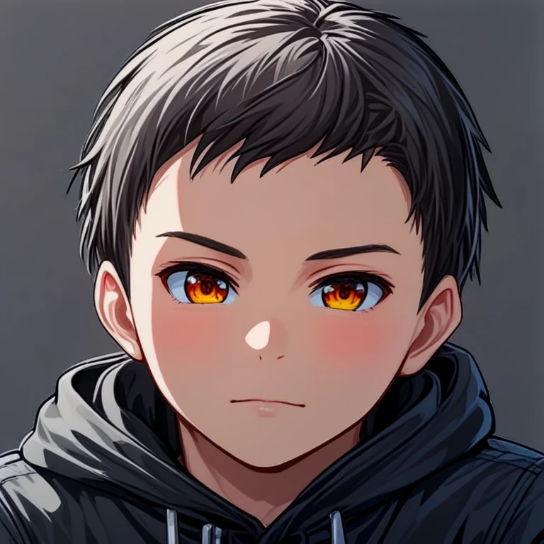Anime boy with orange eyes and black hoodie, made in an anime artist&#39;s studio, anime style portrait, anime Mo artstyle, realistic anime style, anime character portrait, drawn in an anime artist&#39;s studio, face anime portrait, Anime with high facial detail, потрясающий anime portrait лица, semi-realistic anime style, realistic anime style, detailed anime soft face, anime portrait, Anime style realism