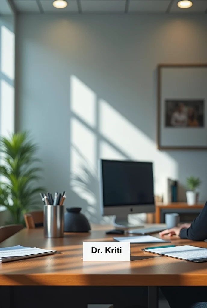Create a doctor's desk without doctor with a name plate Dr.kriti