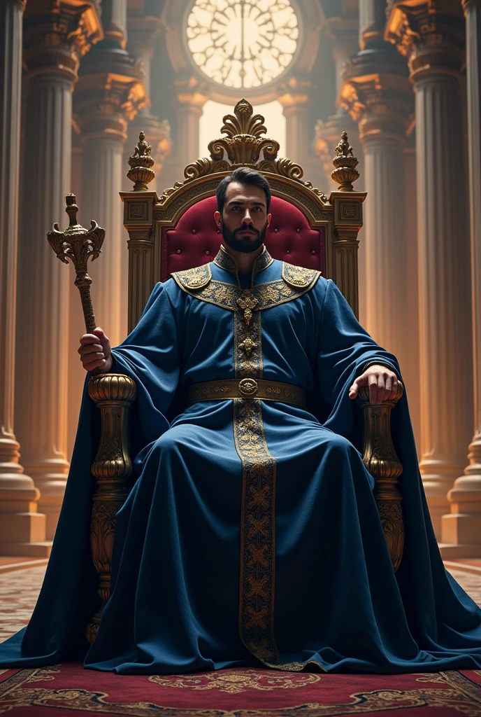King on a throne in the castle hall with dark blue clothes and a scepter, ralista In a large hall