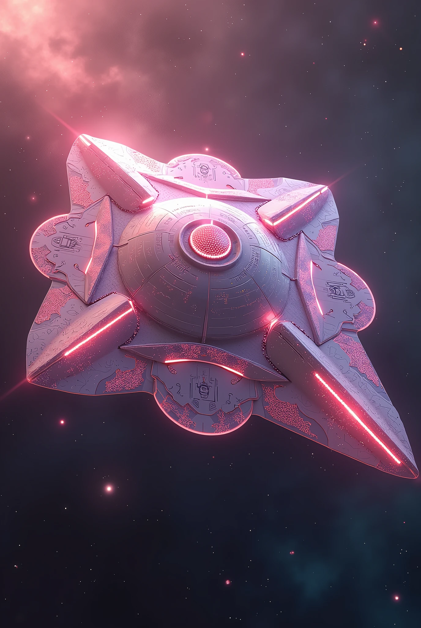 A sleek and advanced starship of the Sakurianas set in 3000 d.C. The starship, known as the Sakura Nebula, embodies the elegance and technological prowess of the Sakurianas. Its exterior features a shimmering, iridescent hull that resembles the delicate petals of Sakura flowers, shifting colors as it moves through space. The ship is designed with a streamlined, aerodynamic shape, incorporating bioluminescent patterns that glow softly, reminiscent of the Sakura blossoms that define the Sakurianas' homeland.The interior of the Sakura Nebula is a fusion of high-tech sophistication and natural aesthetics. The walls are adorned with holographic projections of Sakura trees and flowing petals, creating a serene and immersive environment. The control center features a panoramic viewport with advanced, adaptive transparency that allows the crew to observe the cosmos in stunning detail.The ship is equipped with cutting-edge propulsion systems that utilize energy-efficient drive technology, allowing for swift travel across interstellar distances. Its defensive capabilities include energy shields that project a protective barrier resembling a radiant Sakura blossom, capable of deflecting cosmic threats and energy attacks.The Sakura Nebula also boasts advanced research facilities and botanical gardens, where Sakurianas cultivate and study extraterrestrial flora and fauna, integrating their knowledge with their advanced technology. The starship’s onboard AI system, designed with a serene and intuitive interface, assists the crew in navigation, communication, and maintaining the ship's harmony with its surroundings.In the vastness of space, the Sakura Nebula serves as both a sanctuary and a symbol of the Sakurianas' graceful and technologically advanced civilization, exploring new worlds while embodying the beauty and serenity of their homeland.