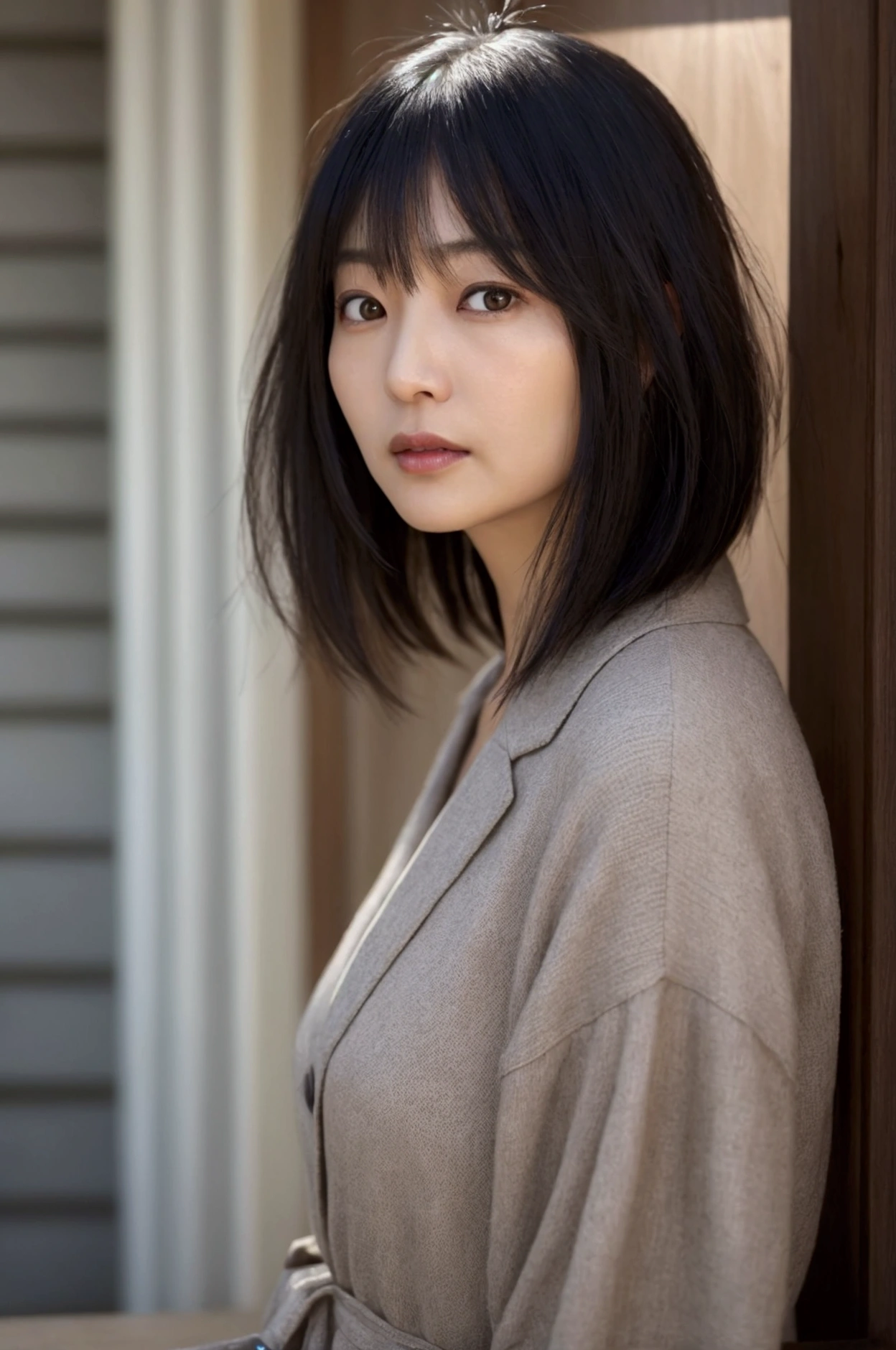 Fear of earthquakes, A middle-aged Japanese woman, Light in the eyes、tall, Bob Hair, hair is black, The face is cute