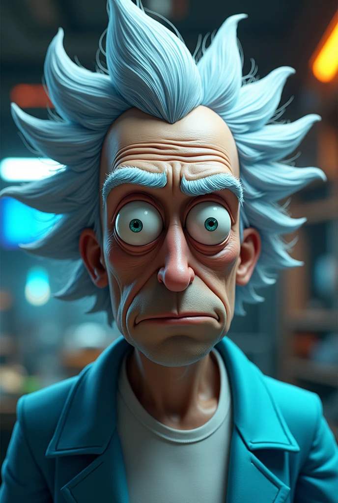 a detailed portrait of Rick Sanchez from Rick and Morty, hyperrealistic, photorealistic, highly detailed, 8k, masterpiece, intricate details, lifelike features, expressive eyes, realistic skin texture, detailed wrinkles, messy gray hair, blue lab coat, white shirt, vibrant colors, dramatic lighting, cinematic composition, detailed background, futuristic setting