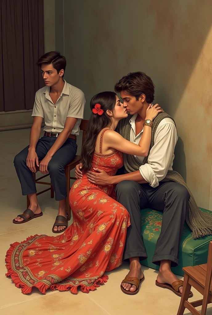 "A detailed and vibrant scene featuring a young man and woman dressed in traditional Canary Islands attire, lying side by side on a mattress placed on the floor. The girl wears a colorful, flowing dress with traditional patterns, while the boy is dressed in a classic white shirt with dark trousers and a sash. The atmosphere is warm and intimate, with soft lighting casting gentle shadows. Nearby, a third young man with short brown hair sits on a chair about a meter away, observing them with a thoughtful expression. His pose is relaxed yet attentive, adding a layer of intrigue to the scene. The background is simple, focusing on the characters and their interactions, with textures and colors that bring out the richness of the traditional clothing and the quiet mood of the moment."