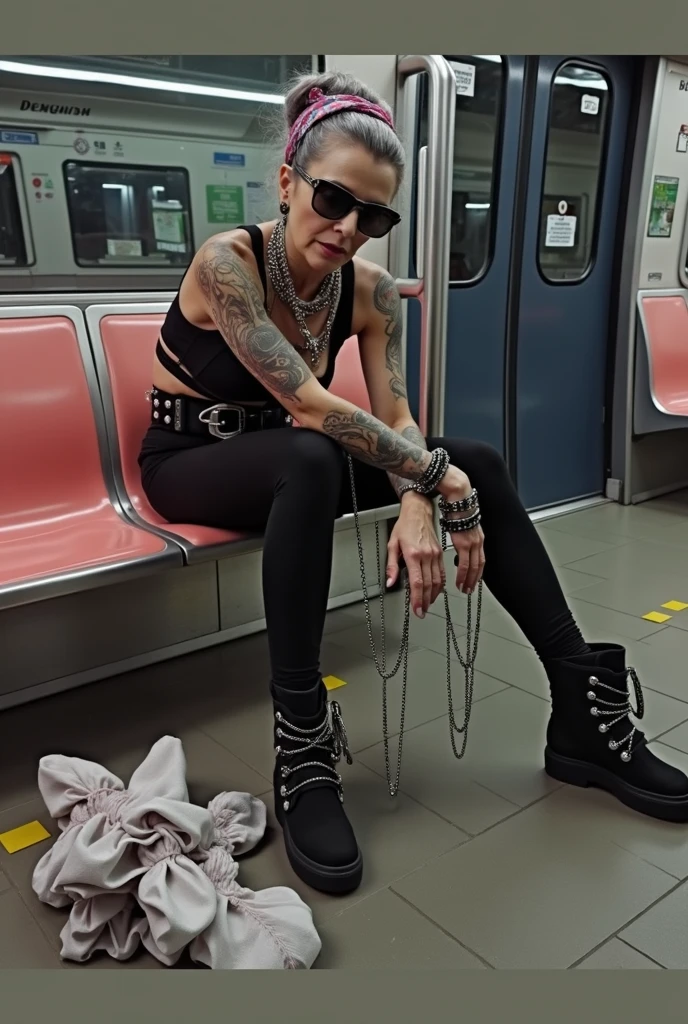 russian old milf woman, grey hair (bouffant, top bun) and oversized square sunglasses and wide colourful bandana as headband, with very light green eyes, extremely pale. Big lips. Black lace push up bra, silicone breast,, black yoga pants Flip flops. Lots of thick wide studded bracelets, chain collars and big rings,. Additional crossed loose belts,. Long earrings with chains and feathers. Sitting on the underground with legs apart. Neck, chest, stomach and wrists heavily tattoed. Toned abdominals, thin neck, slim legs and thin arms. Narrow hips and long legs. Exhausted