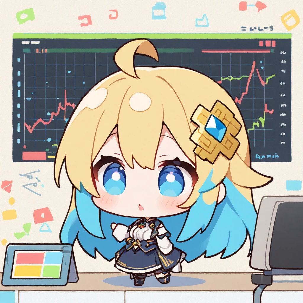 Chibi Character、Ahoge、Blue Hair、Golden hair ornament、Long Hair、One Girl、Stock charts